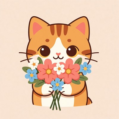 Cute orange cat holding flowers
