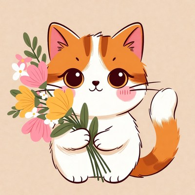 Cute orange cat holding flowers