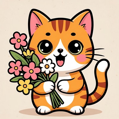 Cute orange cat holding flowers
