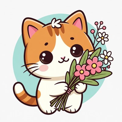 Cute orange cat holding flowers