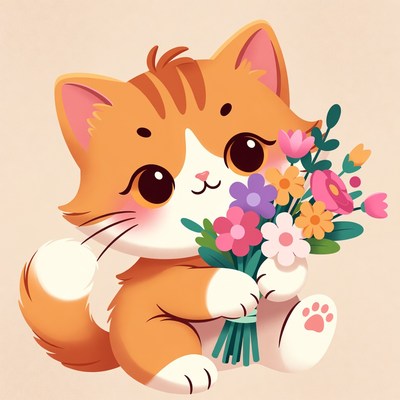 Cute orange kitten holding flowers