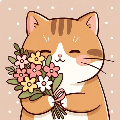 Cute cat holding flowers
