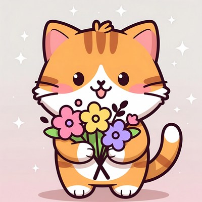 Cute orange cat holding flowers