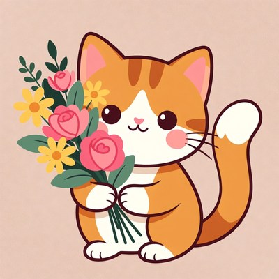 Cute orange cat holding flowers