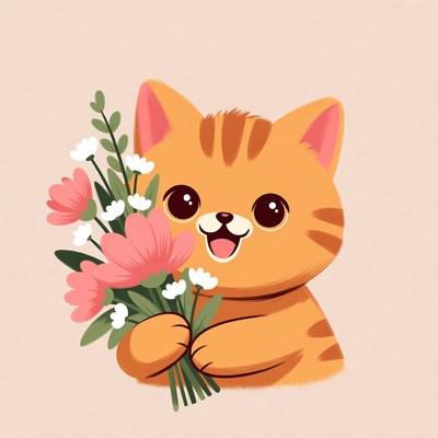 Cute orange cat holding flowers