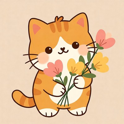 Cute orange cat holding flowers