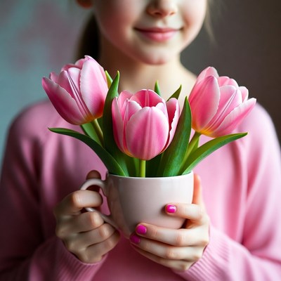 Girl holding pink tulips in cup