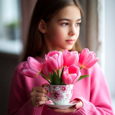 Girl holding pink tulips in teacup