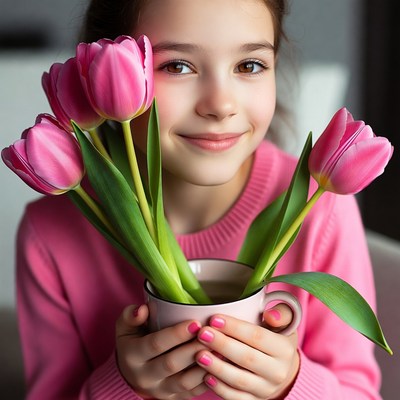 Girl holding pink tulips