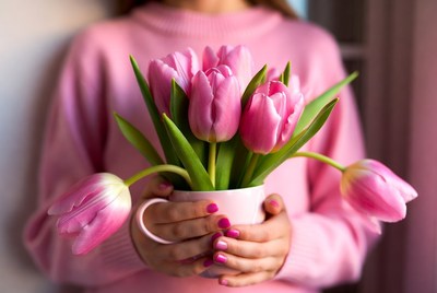Woman holding pink tulips