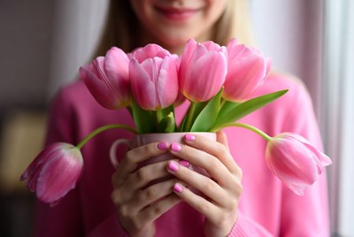 Woman holding pink tulips