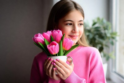 Girl holding pink tulips by window