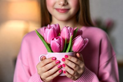Girl holding pink tulips