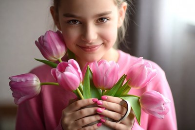 Girl holding pink tulips