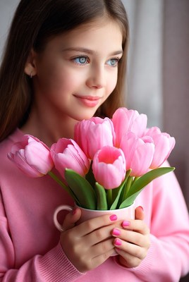 Girl holding pink tulips