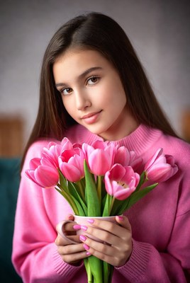 Girl holding pink tulips