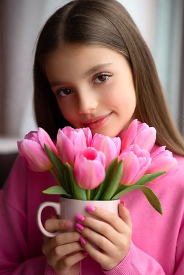 Girl holding pink tulips