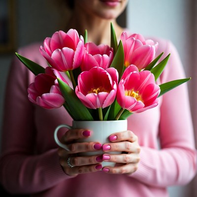 Woman holding pink tulips