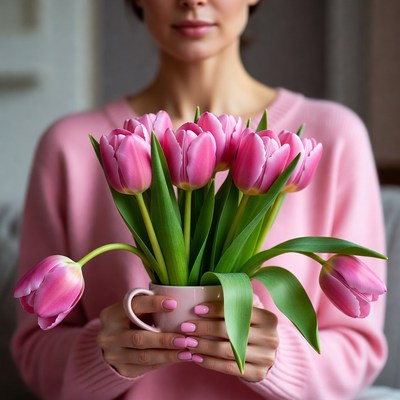 Woman holding pink tulips