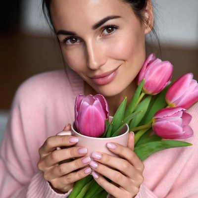Woman holding pink tulips