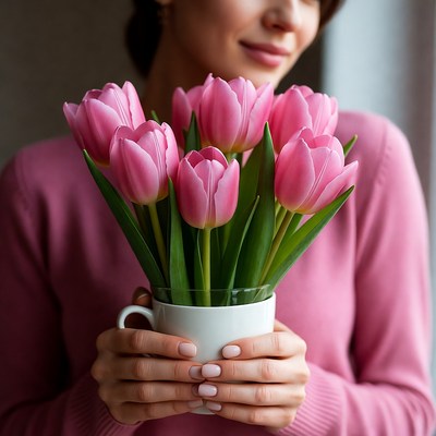 Woman holding pink tulips