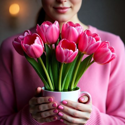 Woman holding pink tulips