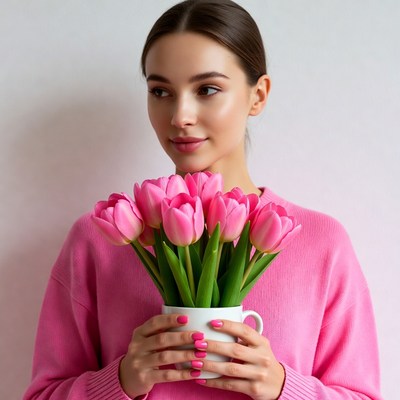 Woman holding pink tulips