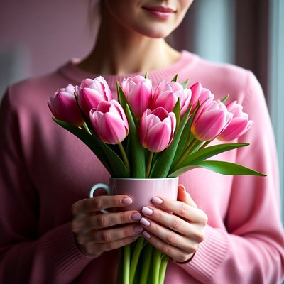 Woman holding pink tulips