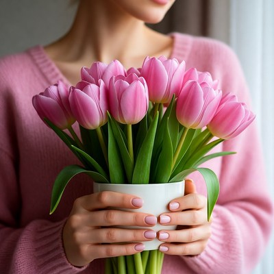 Woman holding pink tulips