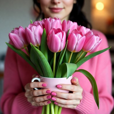 Woman holding pink tulips