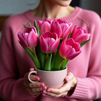Woman holding pink tulips in cup