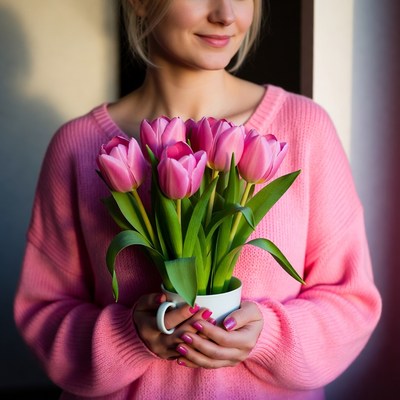 Woman holding pink tulips