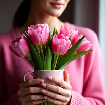 Woman holding pink tulips