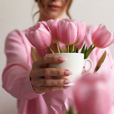 Woman holding pink tulips in cup