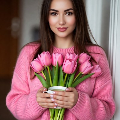 Woman holding pink tulips
