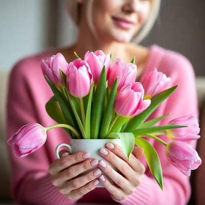 Woman holding pink tulips