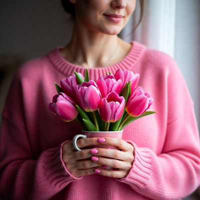 Woman holding pink tulips