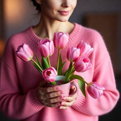 Woman holding pink tulips
