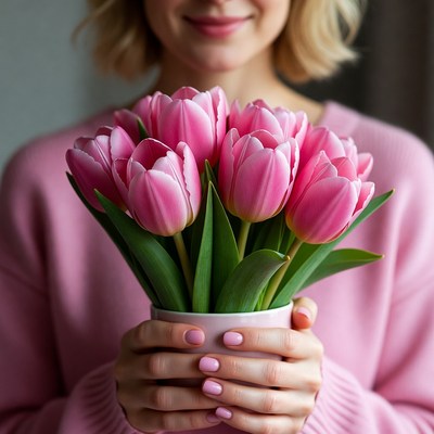 Woman holding pink tulips