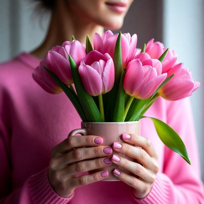 Woman holding pink tulips