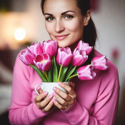 Woman holding pink tulips