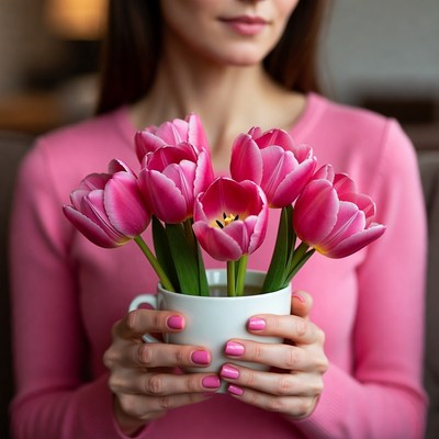 Woman holding pink tulips