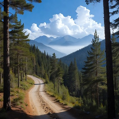 Winding Dirt Road Through Pine Forest Mountains