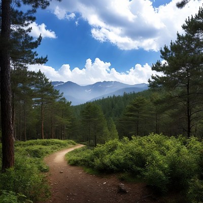 Forest Trail with Mountains Background
