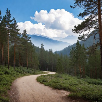 Winding Dirt Path Through Pine Forest Mountains