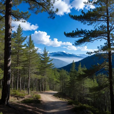Dirt Trail Through Pine Forest Mountains