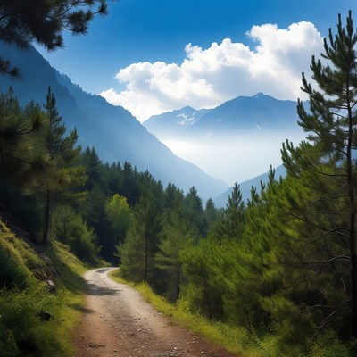 Dirt Road Through Pine Forest Mountains