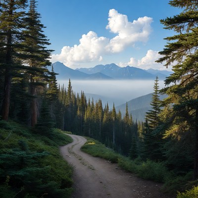 Dirt Road through Pine Forest Mountains