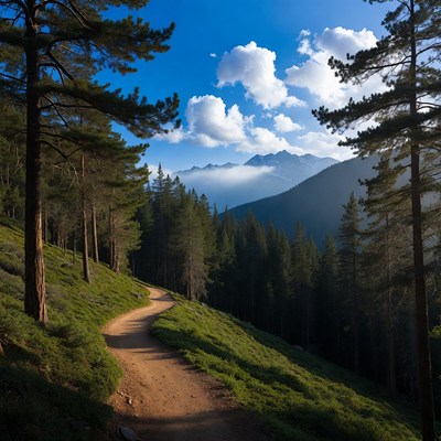 Winding Trail Through Pine Forest Mountains