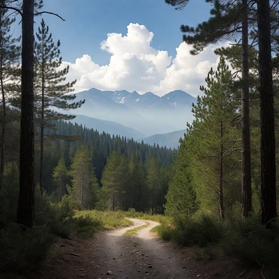 Dirt Path Through Pine Forest Mountains